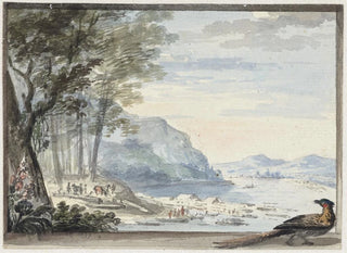 Aert Schouman - Rivierlandschap met op de voorgrond een hoen.webp