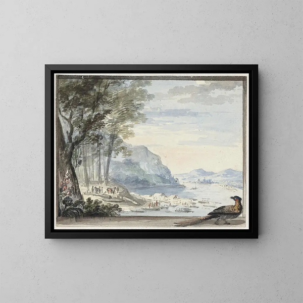 Landschap met rivier en haan op de voorgrond - Aert Schouman — ingelijst kunstwerk aan de muur