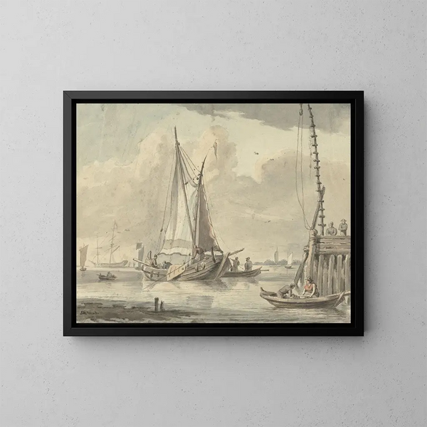 van Bateaux à voiles sur la rivière près de Dordrecht - Aert Schouman — ingelijst kunstwerk aan de muur