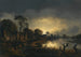 Landschapschilderij met rivier bij schemering met mensen die langs een pad naar een dorp lopen, links een kerk op de achtergrond - Aert van der Neer — weergave van het kunstwerk