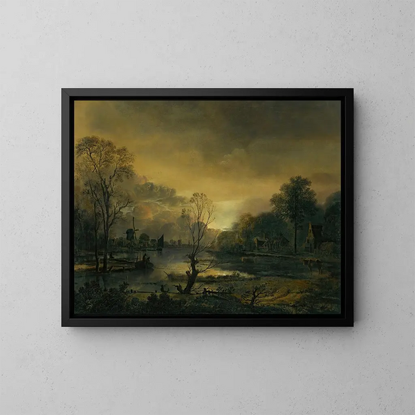 Een rivierlandschap bij zonsondergang met vissers die hun net trekken op de voorgrond, molens in de verte - Aert van der Neer — ingelijst kunstwerk aan de muur