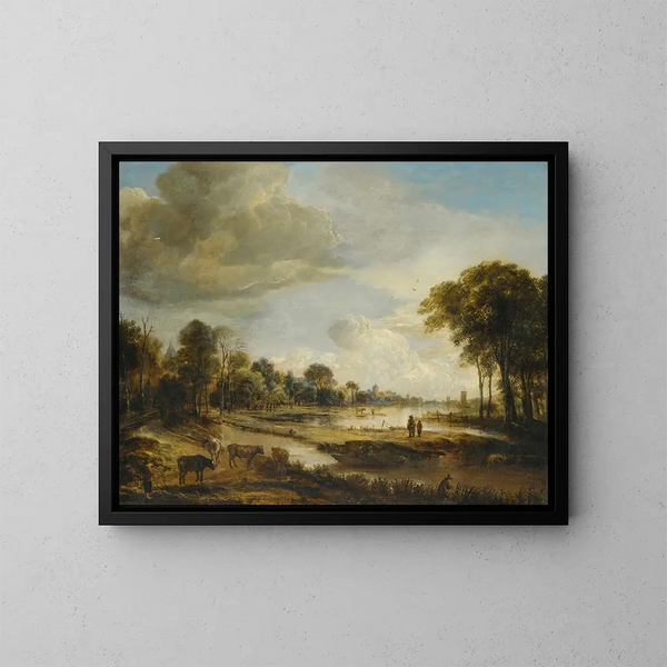 Een rivierlandschap met figuren en vee - Aert van der Neer — ingelijst kunstwerk aan de muur