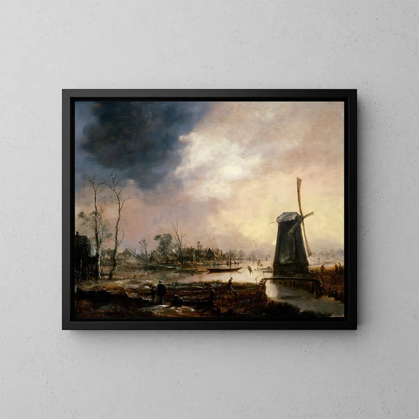 van een winterlandschap met een windmolen - Aert van der Neer — ingelijst kunstwerk aan de muur