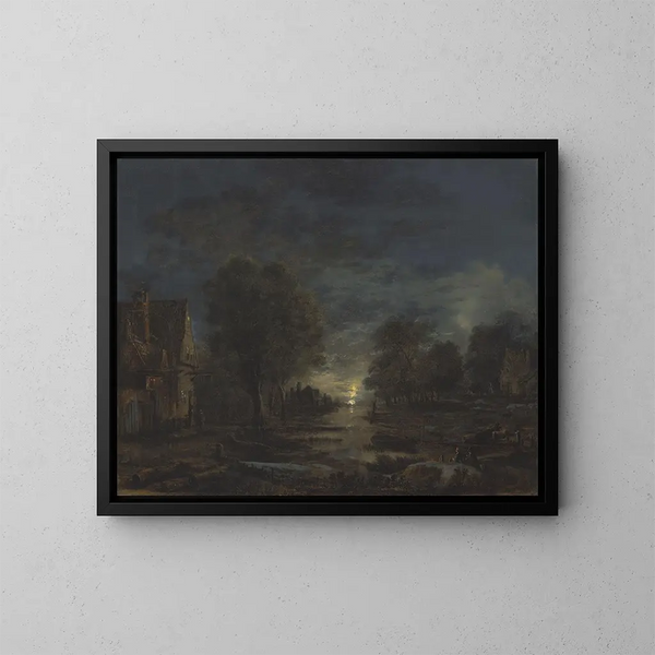 van een landschap in het maanlicht met een herberg aan de rand van een rivier - Aert van der Neer — ingelijst kunstwerk aan de muur