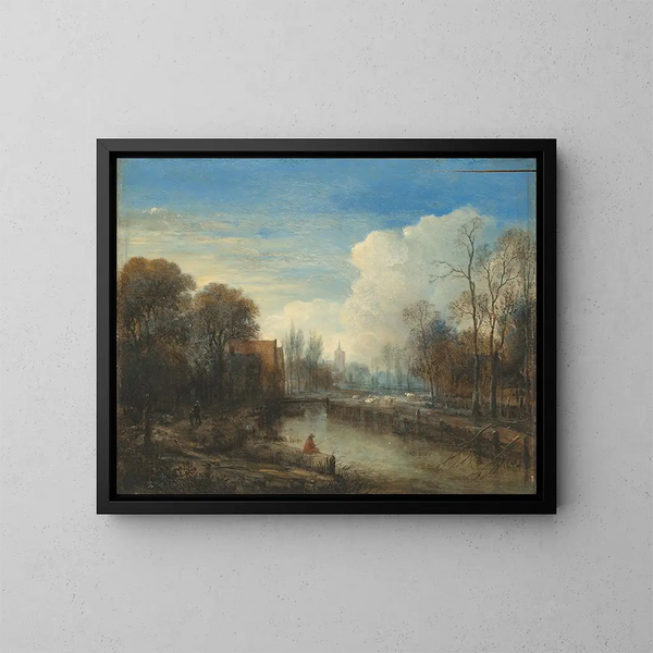 Een rivierlandschap met een visser en schapen aan de oevers - Aert van der Neer — ingelijst kunstwerk aan de muur