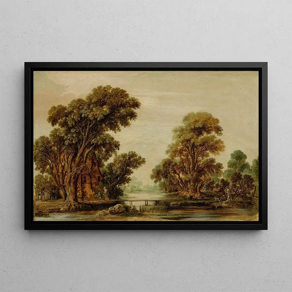 Aert van der Neer - A wooded river landscape with figures and a cottage near a footbridge.webp