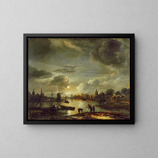 van kanaalscène bij maanlicht - Aert van der Neer — ingelijst kunstwerk aan de muur