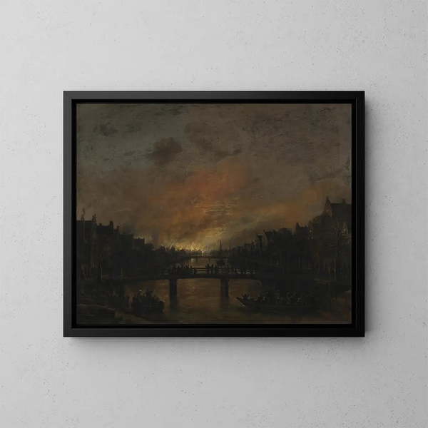 Brand in Amsterdam 's nachts - Aert van der Neer — ingelijst kunstwerk aan de muur