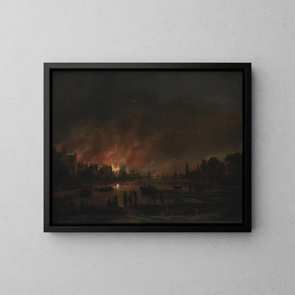Brand in een dorp 's nachts - Aert van der Neer — ingelijst kunstwerk aan de muur