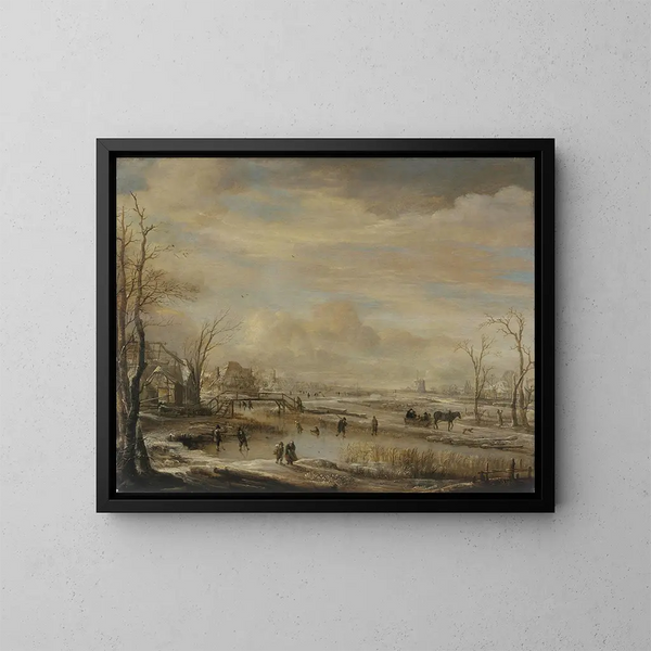 Rivière gelée avec un pont piétonnier - Aert van der Neer — ingelijst kunstwerk aan de muur