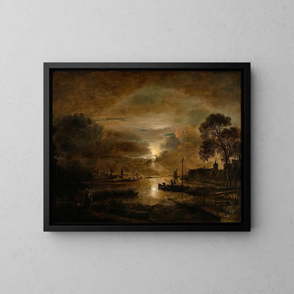 van de maanlicht op een Nederlandse rivier - Aert van der Neer — ingelijst kunstwerk aan de muur