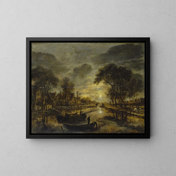 Landschap met kanaal in de nacht met vissersboten - Aert van der Neer — ingelijst kunstwerk aan de muur