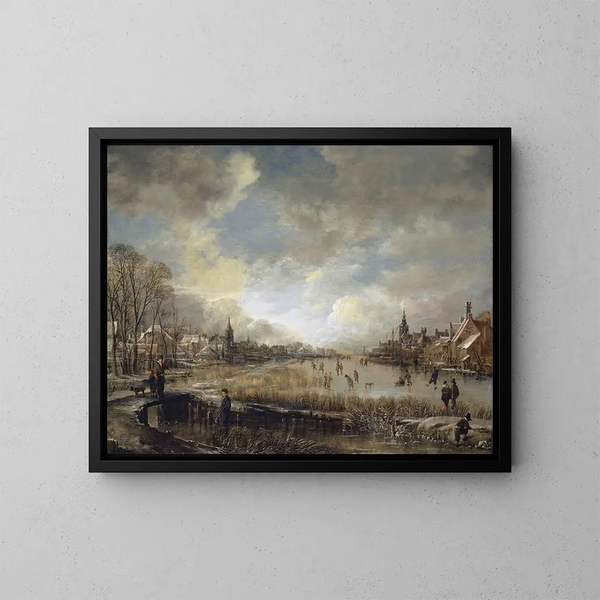 van twee steden op een bevroren rivier met golfers en schaatsers - Aert van der Neer — ingelijst kunstwerk aan de muur