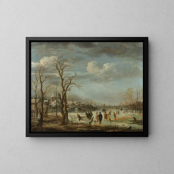 Landschap in de winter nabij een stad met kale bomen - Aert van der Neer — ingelijst kunstwerk aan de muur