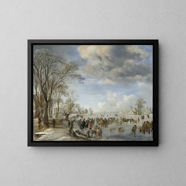 van Winter in Holland, schaats scène - Aert van der Neer — ingelijst kunstwerk aan de muur
