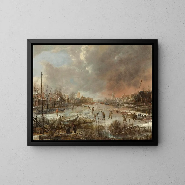 Landschap met winterlandschap met sporters op een bevroren rivier - Aert van der Neer — ingelijst kunstwerk aan de muur
