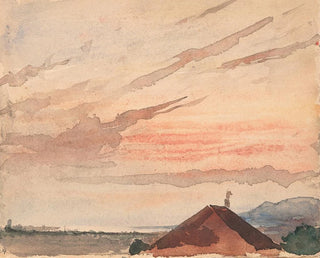 Albert Anker - Blick ber ein Hausdach auf das Nordostende des Neuenburger Sees bei Abenddmmerung.webp