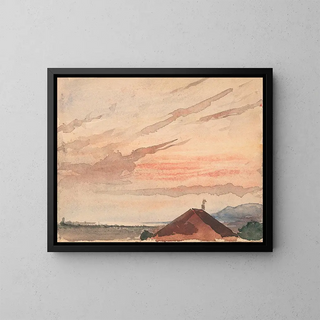 Albert Anker - Blick ber ein Hausdach auf das Nordostende des Neuenburger Sees bei Abenddmmerung.webp