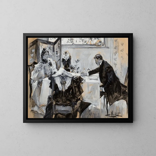 van een man en een vrouw aan tafel - Albert Beck Wenzell — ingelijst kunstwerk aan de muur