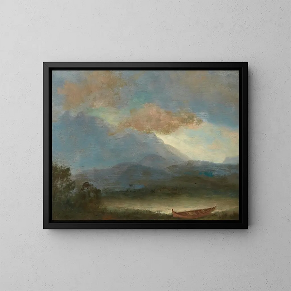 Kanoë indien aan de rand van het meer - Albert Bierstadt — ingelijst kunstwerk aan de muur