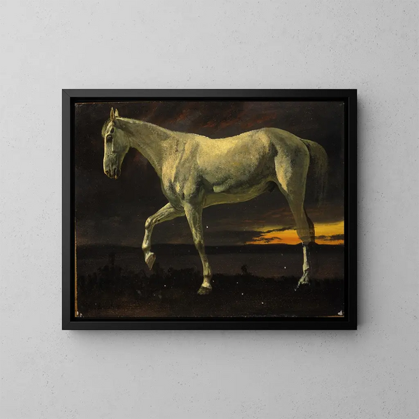 Paard wit en zonsondergang - Albert Bierstadt — ingelijst kunstwerk aan de muur