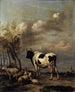 weide met zwart-witte stier - Albert Jansz Klomp — weergave van het kunstwerk