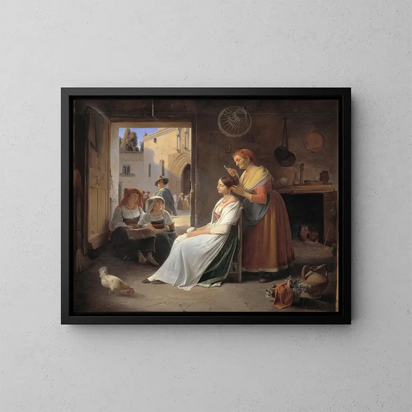 Een jonge Italiaanse vrouw die door haar moeder wordt versierd - Albert Kühler — ingelijst kunstwerk aan de muur