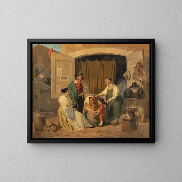van de Romeinse boeren die een hoed kopen voor hun kleinzoon die abt moet worden - Albert Kühler — ingelijst kunstwerk aan de muur