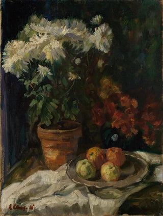Albert Lang - Stilleben mit weissen Chrysanthemen und pfeln.webp