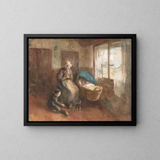 Albert Neuhuys - Interieur met een vrouw bij een wieg en een jongetje op de grond.webp