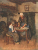 Binnen schilderij met een vrouw die aan het strijken is en een kind dat aan het naaien is - Albert Neuhuys — weergave van het kunstwerk