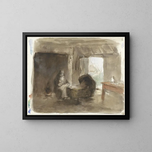 van een vrouw met kind bij een wieg - Albert Neuhuys — ingelijst kunstwerk aan de muur