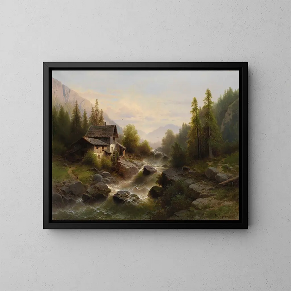 Landschap met watermolen in het Berner Oberland - Albert Rieger — ingelijst kunstwerk aan de muur