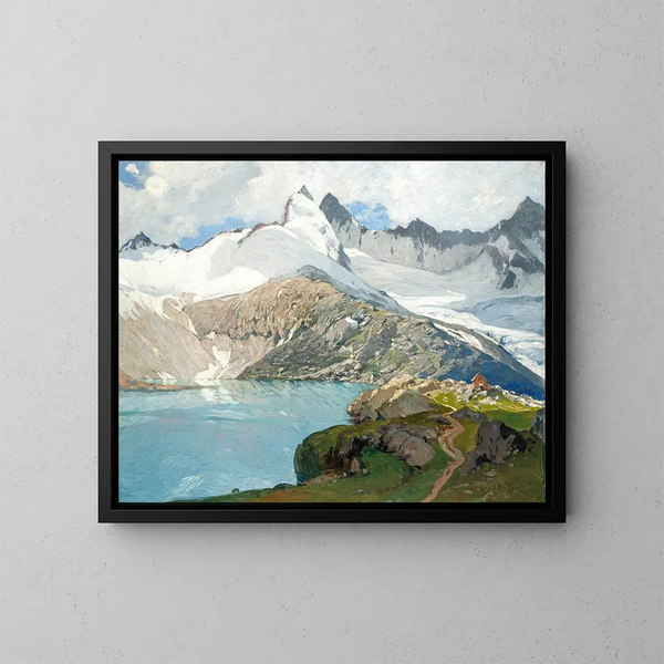van een bergmeer met een hut - Albert Stagura — ingelijst kunstwerk aan de muur