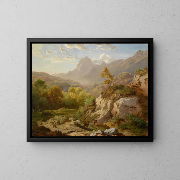 Hert in een uitgestrekt berglandschap - Albert Zimmermann — ingelijst kunstwerk aan de muur