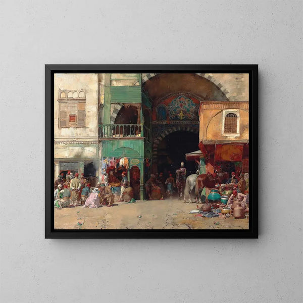 van Markt bij de ingang van een bazaar in Constantinopel - Alberto Pasini — ingelijst kunstwerk aan de muur