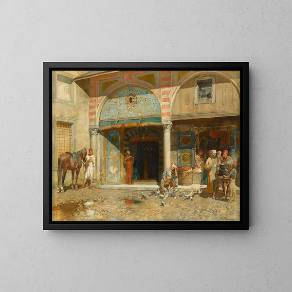 Buiten de moskee - Alberto Pasini — ingelijst kunstwerk aan de muur