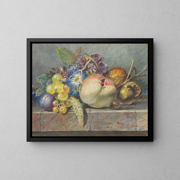 Vruchten en stilleven van bloemen - Albertus Steenbergen — ingelijst kunstwerk aan de muur