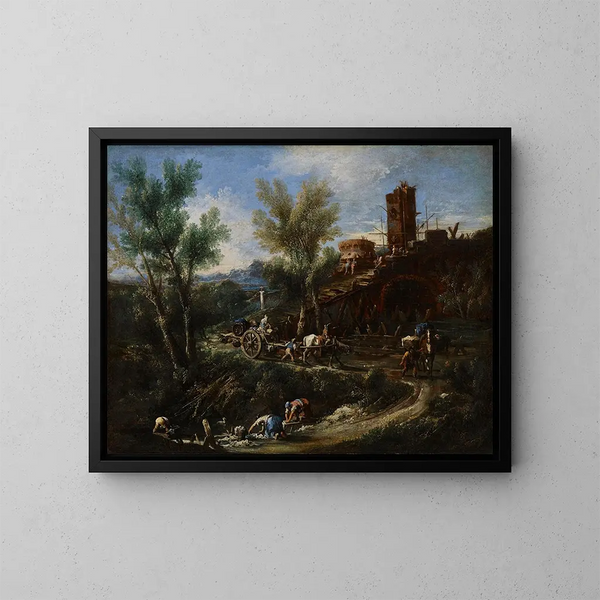 Landschap met zigeuners en wasvrouwen - Alessandro Magnasco — ingelijst kunstwerk aan de muur