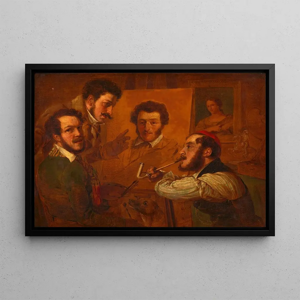 Alexander Clarot - Knstlergesellschaft Die Maler Gauermann Danhauser und Alconiere vor dem Bild Dr Mllers.webp