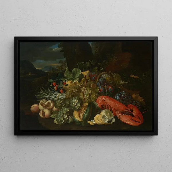 Alexander Coosemans - A basket of lemons asparagus peaches a melon plums grapes and other fruit with a lobster in a landscape.webp