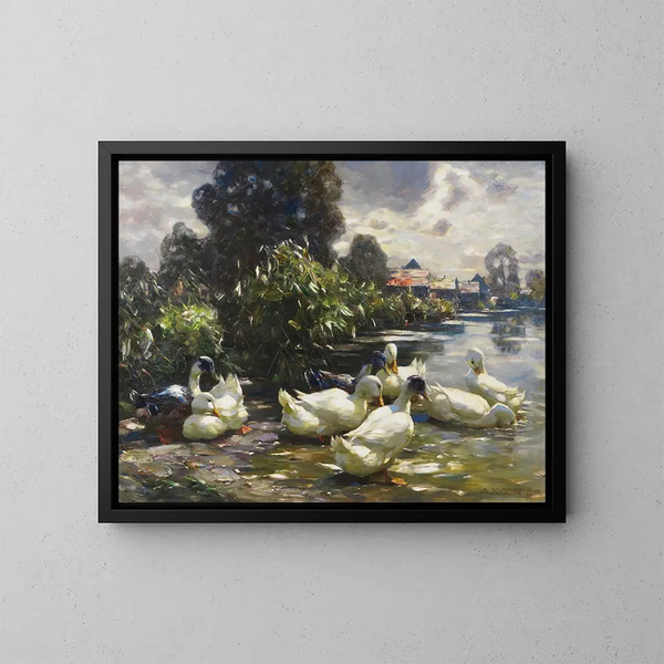 Acht eenden aan de waterkant - Alexander Koester — ingelijst kunstwerk aan de muur