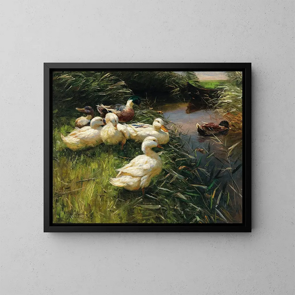 Eenden aan de rand van het meer met een boot - Alexander Koester — ingelijst kunstwerk aan de muur