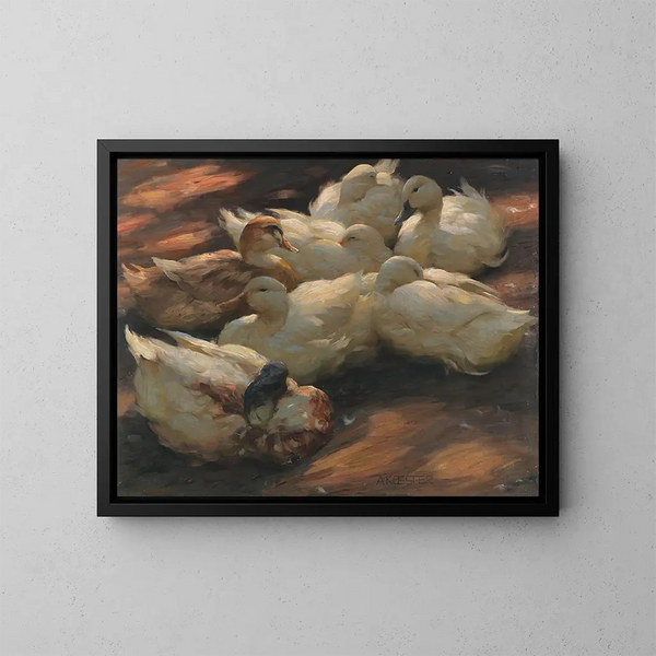 Eenden op de grond - Alexander Koester — ingelijst kunstwerk aan de muur