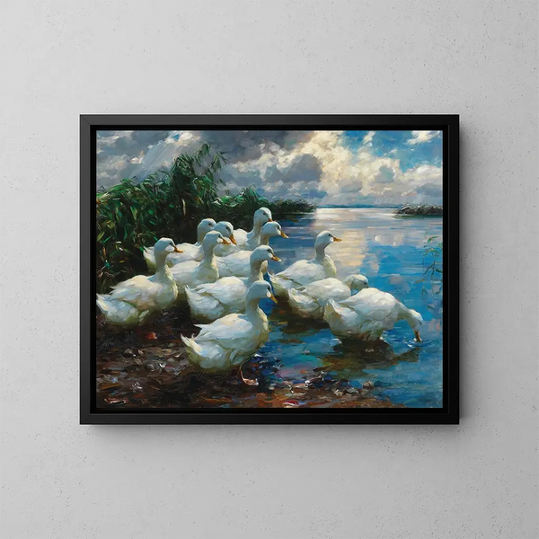 Eenden aan de rand van een meer - Alexander Koester — ingelijst kunstwerk aan de muur