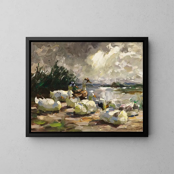 Eenden aan de waterkant, bewolkte sfeer - Alexander Koester — ingelijst kunstwerk aan de muur