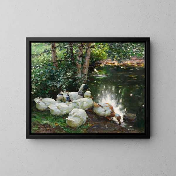 Zes eenden aan de rand van de vijver - Alexander Koester — ingelijst kunstwerk aan de muur