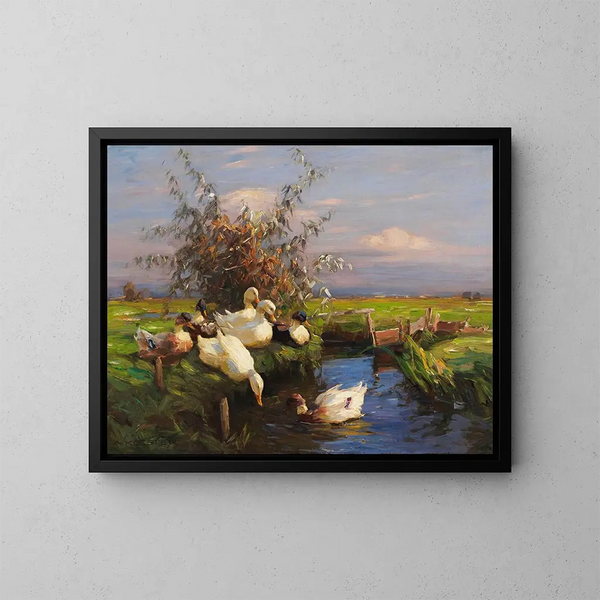 Sept eenden in de gracht - Alexander Koester — ingelijst kunstwerk aan de muur