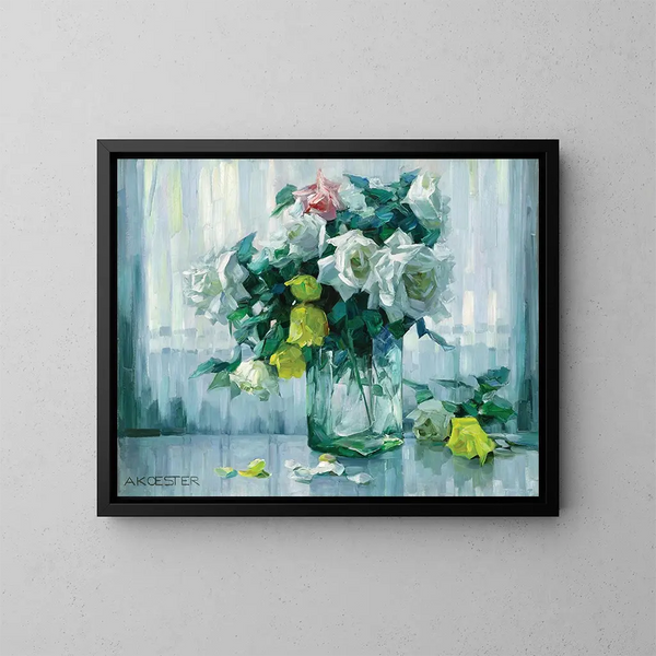Natuurschilderij met witte en gele rozen in een glazen vaas - Alexander Koester — ingelijst kunstwerk aan de muur