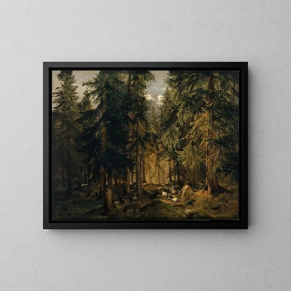 Bos in de hoge bergen met een kudde geiten - Alexandre Calame — ingelijst kunstwerk aan de muur